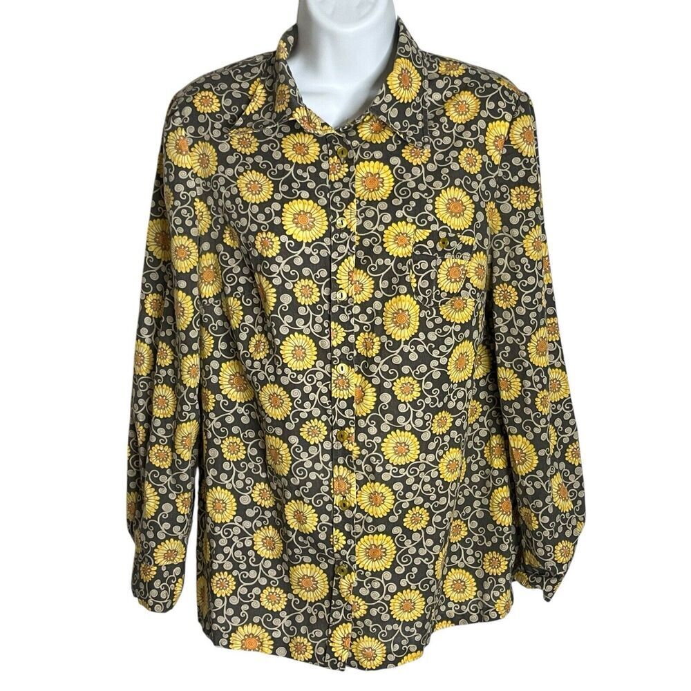 Vintage 70s Diolen Women’s EUR 44 US M Shirt 100% Cotton Mod Floral Hippie Boho